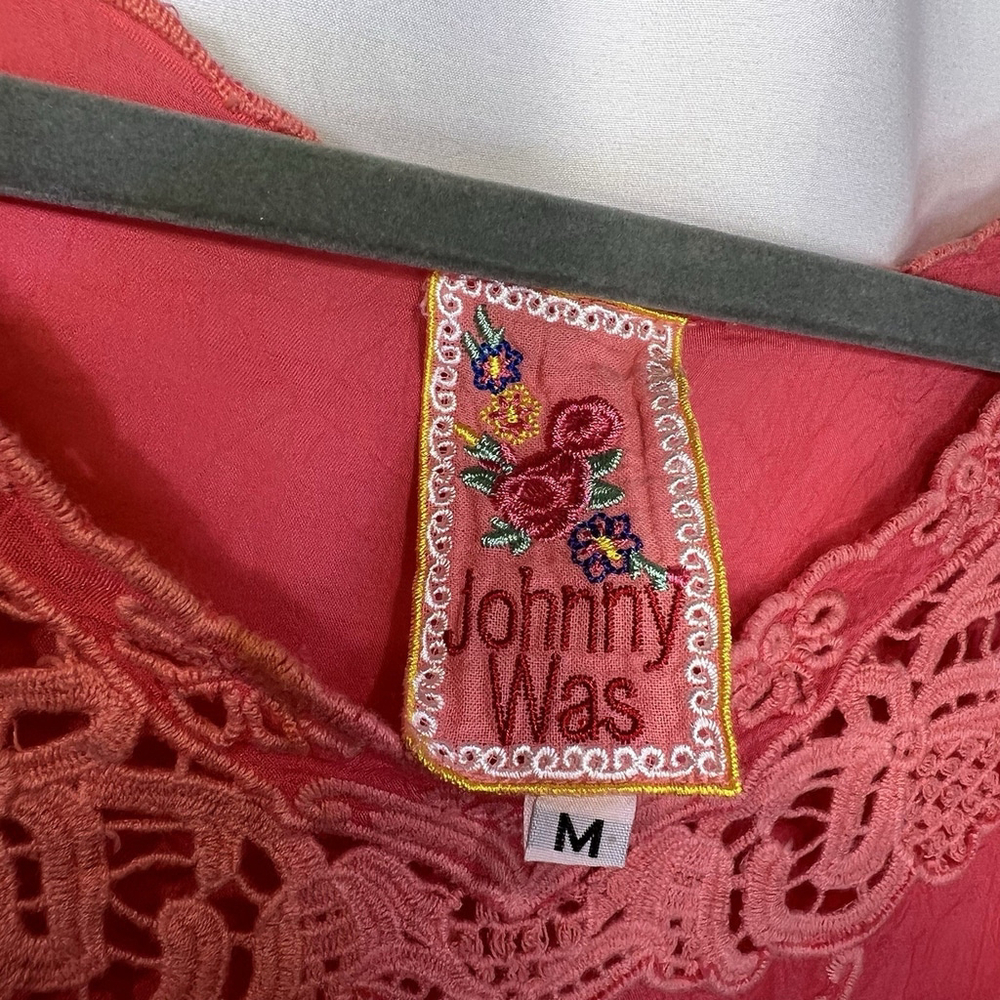 Johnny Was Women’s Embroidered Floral Blouse Coral Short Sleeves M Semi-Sheer - Picture 7 of 12